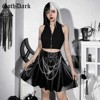 Gotická Tmavé Punk Grunge Faux Pu Kožené Mini Sukne Gotický Skladaný Vysoký Pás Čiernej Sukni S Reťazca Ženy Móda Alt Oblečenie