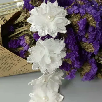 1 yard Biela Bavlna Pearl Drahokamu Kvet Vyšívané Čipky Orezania pása s nástrojmi Textílie Ručné DIY Svadobné Šaty, Šitie Dodávky Plavidlá