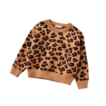 2021 Jeseň Zima Nové Dieťa Pulóver kórejské Oblečenie, detské Long Sleeve Kolo Krku Leopard Tlač Sveter