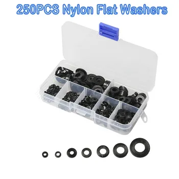 250 Nylon Ploché Podložky Súbor W/ Box Black Vodovodné Tesnenie Buffer Baliarne Ťuknite Na Položku Vaňa Umývadlo, O-Krúžok, Podložku Pre Domova Príslušenstvo