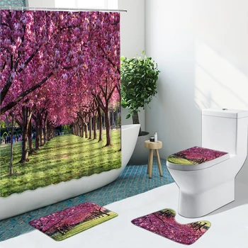 4Pcs Európsky Štýl Sprchové Závesy 3D Retro Street View Kvety, Zelené Rastliny, Kúpeľňa Nastaviť Non-Slip Wc Kryt Vaňa Mat Koberec