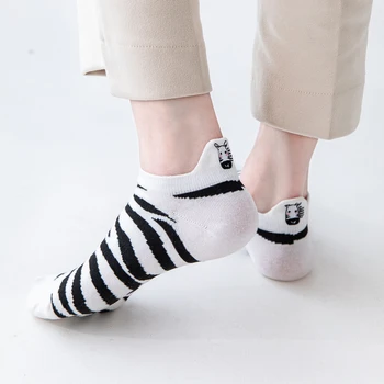 5 Párov Žien Zebra Výšivky Členkové Ponožky Priedušná Pot-savé Bavlnené Ponožky Pohodlné Nízky Rez Ponožky Anti-slip dizajn