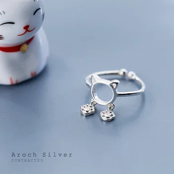 925 Sterling Silver Japonsko Kórea Štýl Móda Roztomilý Jemné Mačka Hlavu Otvoriť Krúžok Žien Šperky Veľkoobchod