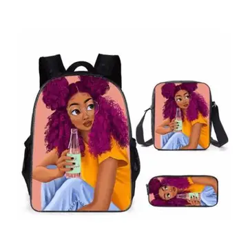 Deti Školské Tašky 3ks/Set Afro dievčatá batoh Black Art Africké Dievča pre Dospievajúcich chlapcov, dievčatá Školy Bagpack Deti Knihy Tašky