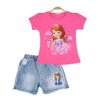 Dievčatá Disney Oblečenie Cartoon Vytlačené Lete Bavlna Deti T-shirt&Denim Šortky Dievčatá Oblečenie Set sa Deti Vyhovovali Oblečenie Sofia
