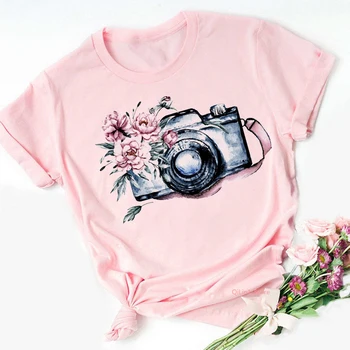 Dámske Oblečenie 2021 Lete Vintage Kvetinový Fotoaparátu Tlač Tee Tričko Femme Roztomilé Ružové Tričko Lady Ružový Top Študent Bežné Tričko