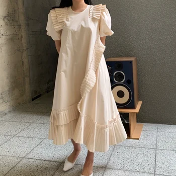 Elegantné Volániky Skladaný Šaty Žien Kórejský Elegantné O Krk Lístkového Rukáv Nepravidelný Šaty Femme Lete 2021 Pevné Vestidos