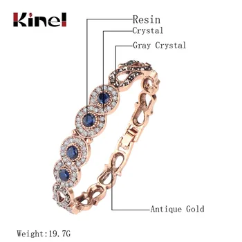 Kinel Vintage Šperky Veľkoobchod Modrá Živice Šedá Crystal Kvetinový Náramok Pre Ženy Antique Gold Dubai Šperky 2017 Nové