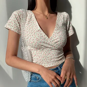 Letné Košele Nízky Rez tvaru-krátke rukávy T-shirt francúzske Retro Kvetinový Slim Chudnutie Wild T-shirt ženy Top Základné