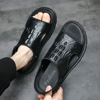 Letné Mužov, Kožené Sandále Bežné Pošmyknúť na Pláž Byty Obuv Black Fashion Krokodíla Vzor Nastaviteľné Pohodlné Papuče Muž