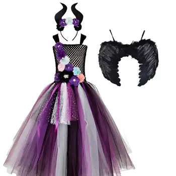 Maleficent zlá Kráľovná Dievčatá Tutu Šaty Rohy hlavový most Halloween Cosplay Kostým Čarodejnica pre Deti, Dievčatá Strany Kvetinové Šaty 0-12Y