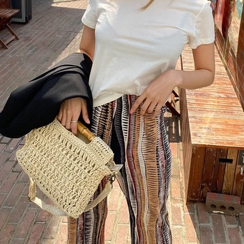 Móda bambusu rukoväť slamy tašky dizajnér ženy kabelky letné beach ratan peňaženky veľké tote luxusné prútia tkané tašky cez rameno