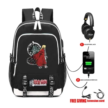Nabíjanie pomocou pripojenia USB konektor pre Slúchadlá Teenagerov chlapec študent Aktovka Unisex Notebook Travelbag anime Fullmetal Alchemist batoh 16 štýl