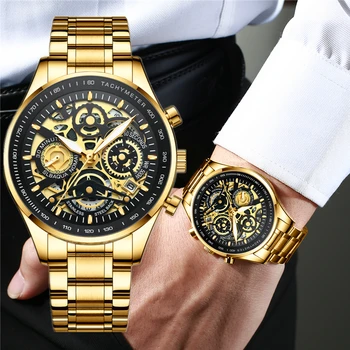 NIBOSI Muži Hodinky Top Značky Luxusné Kostra Sledovať Mužov Zlaté Business Auto Dátum Náramkové hodinky Mužov Nepremokavé Relogio Masculino