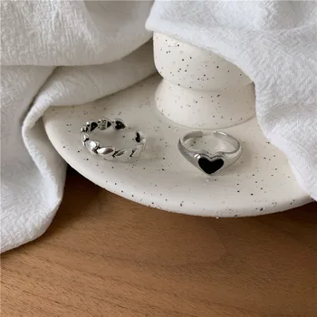 Nové Čierne Krásne Vintage Láska Srdce Krúžky Módne kórea Jednoduché Kovové Otvorenie Prstene pre Ženy, Dievčatá Strana Šperky veľkoobchod