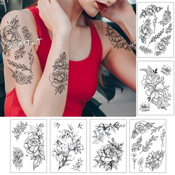 Náčrt Kvet Kvet Pivónia, Ruža Nepremokavé Dočasné Tetovanie Nálepky Čierne Tetovanie Body Art Rameno Ruku Dievča Ženy Falošné Tetovanie