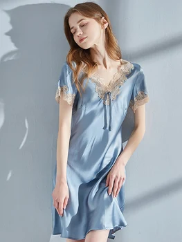 Reálne Hodváb Nightdress Lete Čistého Hodvábu Nightgowns Ženy Bedgown Sexy Modré Spiace Šaty Čipky Prírodný Hodváb Župane