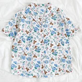 Roztomilý medveď kvetinový tenké zapol voľné krátke puzdre tričko