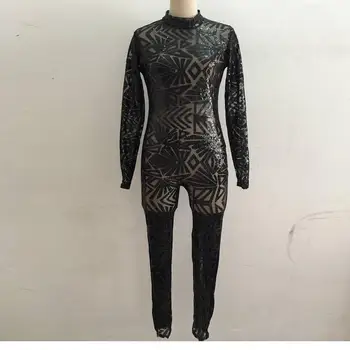 Sexy Roupa Feminina Dámske Backless Geometrické Sequin Bodycon Jumpsuit Čierny Dlhý Rukáv, Nočný Klub Nosenie Romper W126803