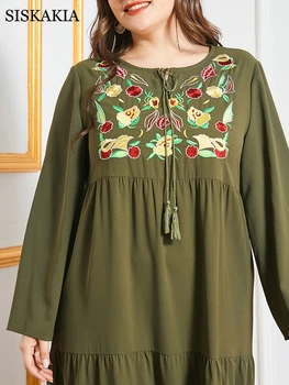 Siskakia Plus Veľkosť Maxi Šaty pre Ženy, Elegantné Etnických Kvetinové Výšivky Dlhý Rukáv arabské Moslimské Turecko Oblečenie Army Zelená Nové