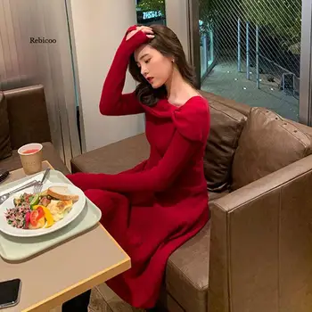 Strana, Jeden Kus Oblečenia Kórejský Jeseň Dlhým Rukávom Tenký Sveter Šaty Žien Bežné Elegantné Office Pletené Šaty Žena Zime
