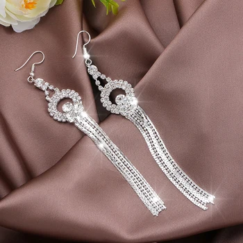 Svadobné svadobné šperky dlhý strapec drop náušnice strieborné farba plný crystal drahokamu visieť náušnice veľkoobchod