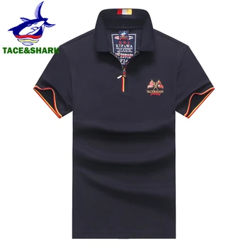 TACE&SHARK Bežné Navy Mužov Polovica Zips Oblečenie Shark Vlajkou Výšivky Krátky Rukáv Polo Shirts Muži Móda Camisa Polo Homme