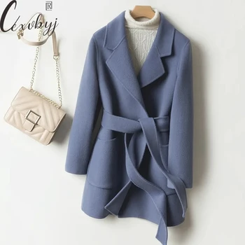 Teplý Vlnený Kabát Ženy Kórejský Módne Cashmere Zimná Bunda S Pásom Jeseň Outwear Dámske Elegantné Plus Veľkosť Woolden Kabát