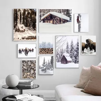 V Zime Sneh Lesnej Krajiny Plátno Na Maľovanie Na Stenu Umenie Nordic Dreveného Domu, Plagát, Obraz Domova Vianočné Miestnosti Dekorácie