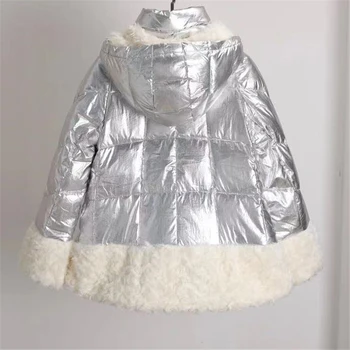 Veľké úplne NOVÉ zimné kvalitné strieborné šitie biela hus nadol bunda 2021 žien vlna baránok hrubé teplé bunda s kapucňou bing