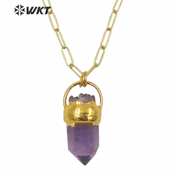 WT-N1254 Nádherné jedinečné veľké hexagon kocka bod amethysts náhrdelník pozlátené druzy purple stone s reťazca náhrdelník