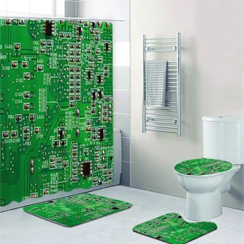 Zblízka Zelená Počítač Doska Technológie Kúpeľňa Záclony Nastaviť Moderný Strojársky Inžinier Sprchový Záves Vaňa Koberce
