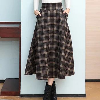 Škótsky Vintage Teplé Vlnené Kockované Sukni, Ženy 2021 Zimné Vysoký Pás A-line Sukne Veľká Swing Midi Sukne