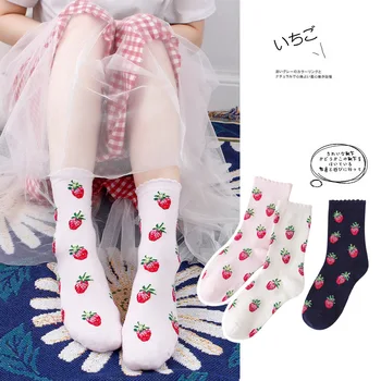 Ženy Ponožky Jahodový List, Tlač Roztomilé Ponožky Japonskom Štýle, Ružové a Biele Bavlnené Dlhé Ponožky pre Ženy Harajuku Hip Hop Skateboard Sox